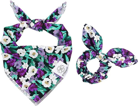 E-Clover Dog Bandanas & Matching Scrunchie Set Dog Bandana Scarf Bibs Washable Kerchief for Medium Large Dogs & Pet Owner Purple Halloween Accessories