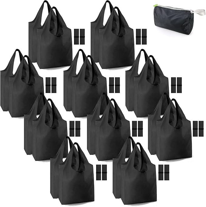 BeeGreen 20 Pack Black Reusable Grocery Bags with Storage Pouch Reusable Shopping Bags Bulk w Elastic Band 50LBS X-Large Foldable Tote Bags Machine Washable-Heavy Duty Cloth Tote Bags for Groceries