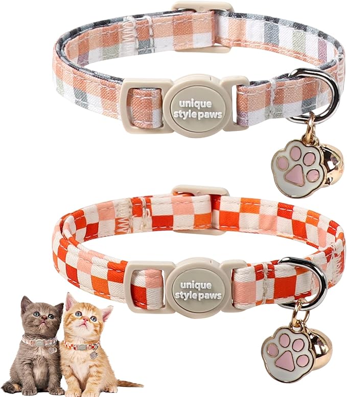 Unique Style Paws Orange Cat Collar,Cute Cat Collars with Checkboard Pattern,Orange Kitten Collar with Breakaway Buckle,Ideal Gift for Boy Girl Cats
