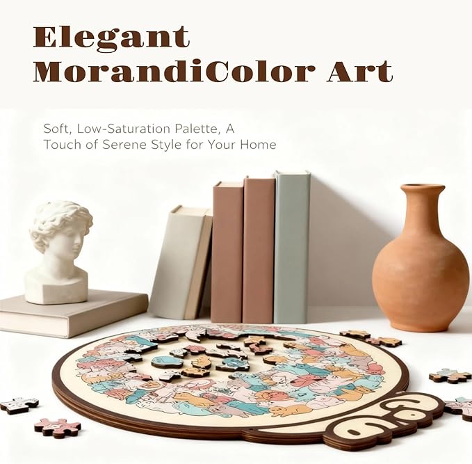 135-Piece Wooden Jigsaw Puzzle, Cat Shaped Puzzle for Home Decor, Cute Animal & Macaron Color Art, Framed Morandi Style Wall Decoration Gift (Macron Color)