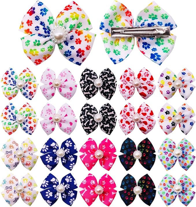 PET SHOW 20pcs Dog Hair Bows with Alligator Clips for Small Medium Dogs Bowknot Hair Clips Cat Puppy Yorkshire Grooming Hair Accessories Assorted (Paw Bone Printed)