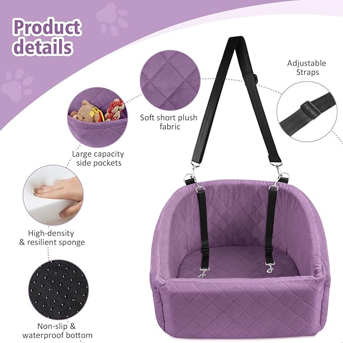 Dog Car Seat for Small Medium Dogs,Detachable Washable Dog Booster Seat Under 30lbs, Pet Car Seats Travel Bed with Storage Pockets and Safety Belt (Purple)