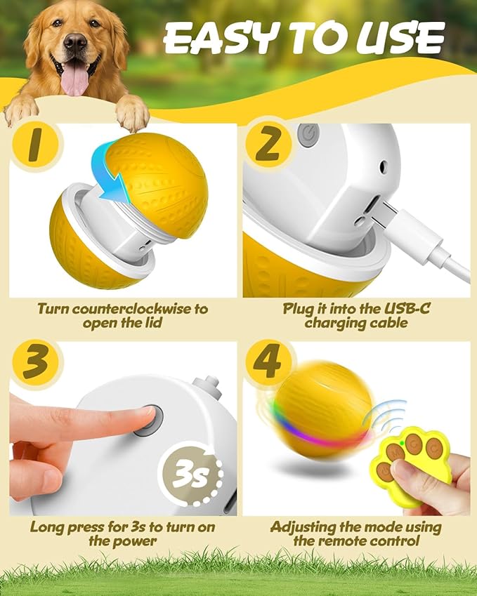 Interactive Dog Toys Ball, 2025 Upgraded 360° Anti-chew Safe Material Remote Control Dog Toy, Durable Motion Activated Automatic Rolling Dogs Balls for Medium/Large Dogs, USB Rechargeable