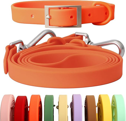 Dog Collar and Leash Set, Durable Waterproof Dog Leashes Collars, 5 Length Setting Adjustable Dog Collars for Large Medium Small Dogs (Orange, M)