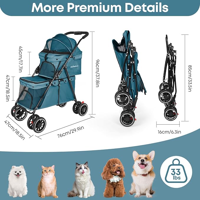 Double Pet Stroller for Dogs and Cats,Cat Strollers for 2 Cats,Double Dog Stroller for 2 Small Medium Dogs,4 Lockable Wheels/Lightweight/Folding,Green