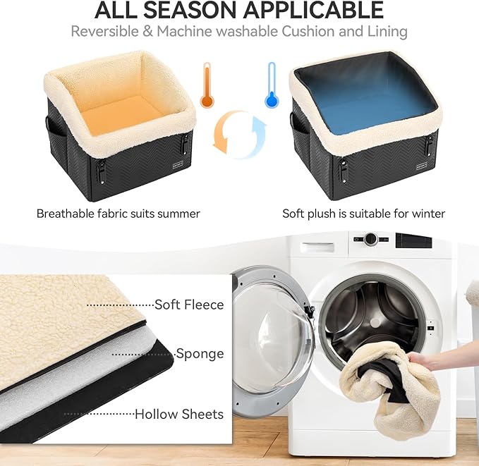 PETSFIT Small Dog Car Seat, Waterproof PU Leather Dog Booster Car Seat with Patented Safe Buckles, Detachable Washable Cushion, 2 Storage Pockets, Dog Car Seat Medium Sized Dog up to 30 lbs (Black)