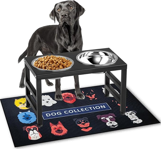 Metal Raised Dog Bowl, 10" Tall Elevate Dog Feeder Stand with 2 Stainless Steel 42oz Bowls & 16x24 Non-Slip Mat – Stronger Dogs Food & Water Bowl Stand (Black)