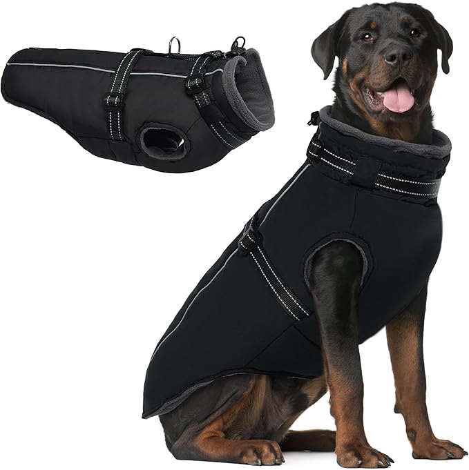 PUMYPOREITY Snow Jacket for Large Dogs Waterproof, Warm Dog Winter Coat with Harness Built in, Fleece Jacket with Back Zipper, Cold Weather Coats for Outdoor, Windproof Pet Snowsuit, Black, 2XL