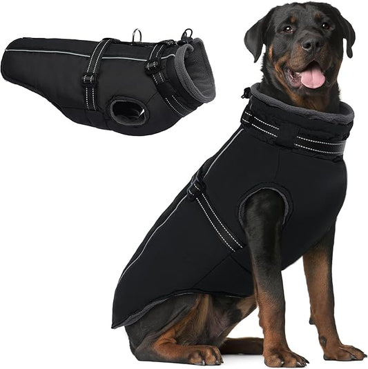PUMYPOREITY Snow Jacket for Large Dogs Waterproof, Warm Dog Winter Coat with Harness Built in, Fleece Jacket with Back Zipper, Cold Weather Coats for Outdoor, Windproof Pet Snowsuit, Black, 2XL