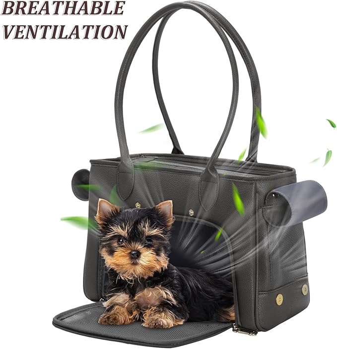 Minsong Fashion Pet Carrier Purse for Small Cat and Dog, Luxury Pu Soft-Sided Tote Bag with Large Pockets for Dogs and Puppies (Black, 13.6" L x 6" W x 10.0" H)