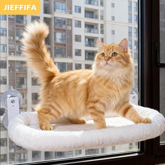 Cat Window Perch with Strong Suction Cups, Cat Window Hammock Foldable Bed with Breathable Mesh, All-Season Lounger for Medium Small Cats to Bird Watch & Sunbathe (White, XL)