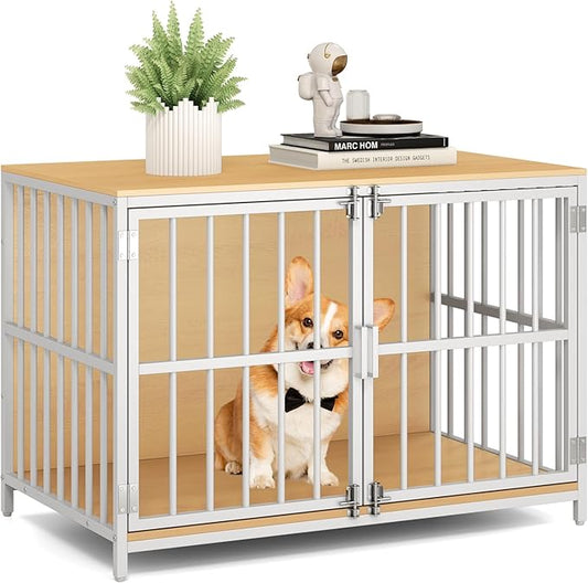 PETSITE 40 Inch Modern Dog Crate Furniture, Heavy Duty Wooden Dog Kennel with Double Lockable Doors, Decorative Dog Cage End Side Table for Small and Medium Sized Dogs (Natural)