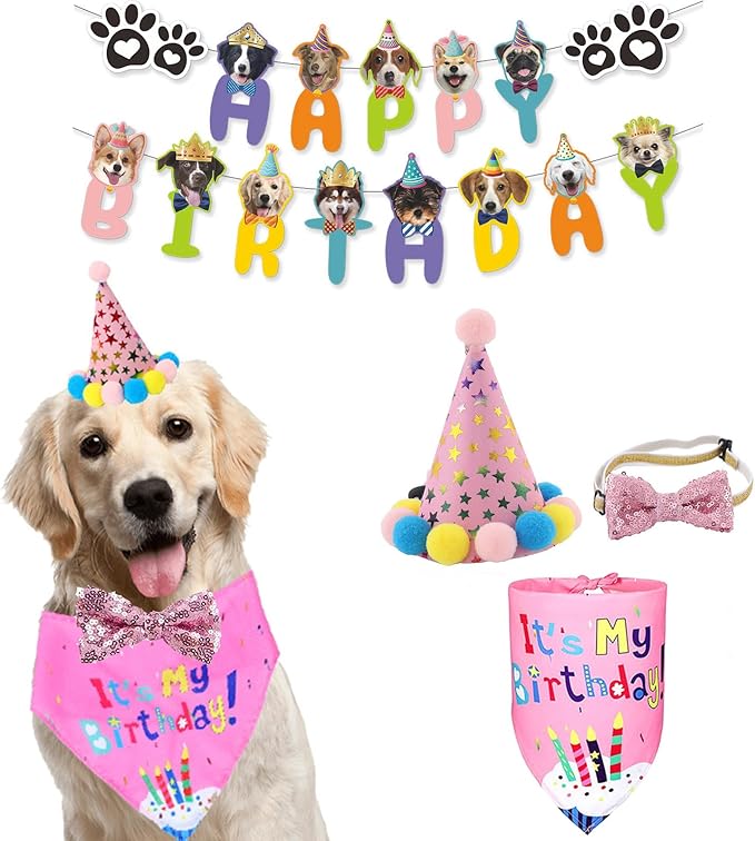 Dog Boy Birthday Party Outfits,Birthday Hat, Bow Tie, Bandana, Happy Birthday Banner,Puppy Pet Theme Decorations Suit for Girl Golden Doodle Teddy Husky Labrador (4PCS Pink)