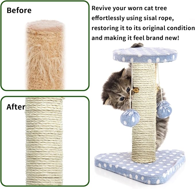 Cat Sisal Rope 164-Feet 4mm for Scratcher Repair and Replace Scratching Post, DIY Hemp Twine Rope for Cat Tree Tower Carpet Mat Kicker House, Pet Toy, and Crafts Gardening Home Decorating