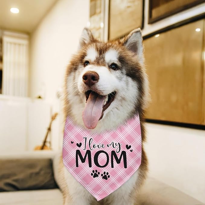 I Love My Mom Dogs Bandana Funny Cute Dogs Bandana Mothers Day Birthday Christmas Photo Prop Pet Scarf Accessories for Pet Dog Lovers Dog Mom Gifts - Red Plaid