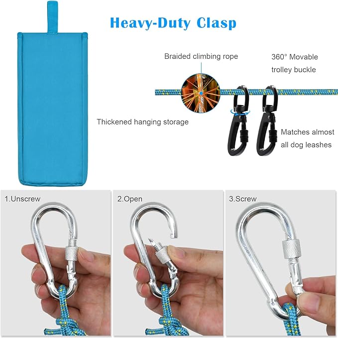 Upgraded Dog Tie Out Cable for Camping, 100FT Portable Trolley System for 2 Dogs, Knot-a-Hitch Dogs Hitching System up to 250lbs, Dog Runner for Yard Camping Training Running Hiking Outdoor