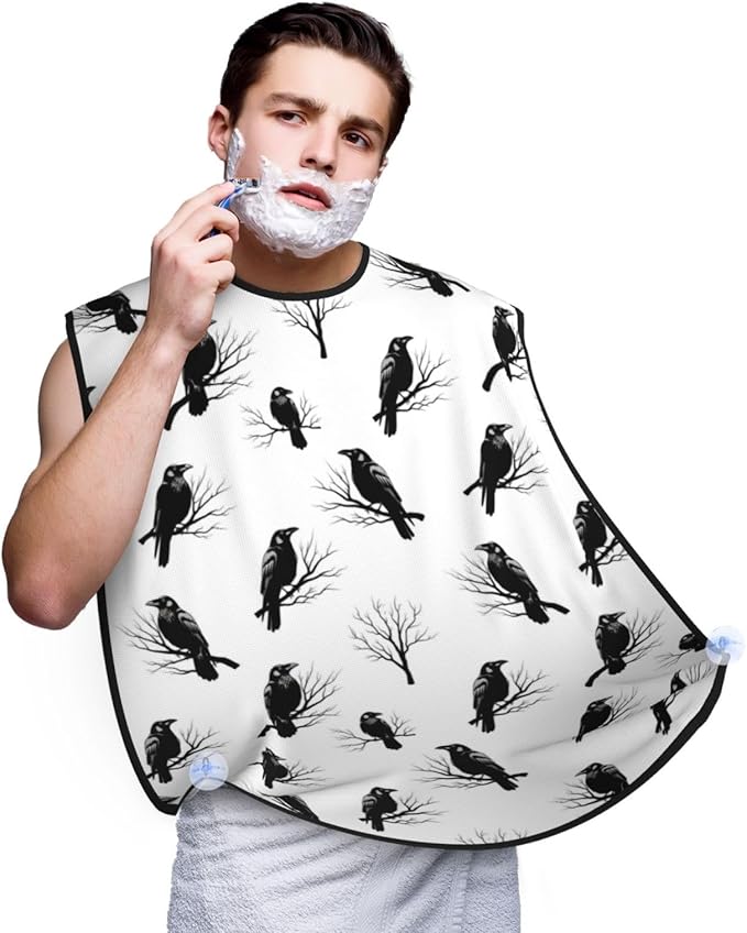 Adjustable Beard Bib, Non-Stick Hair Catcher Cape for Men's Shaving, Waterproof with 2 Suction Cups, Tree Branch Black Crow Raven Bird Shave Bib