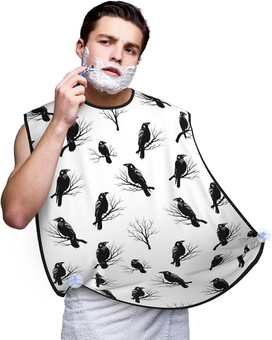 Adjustable Beard Bib, Non-Stick Hair Catcher Cape for Men's Shaving, Waterproof with 2 Suction Cups, Tree Branch Black Crow Raven Bird Shave Bib