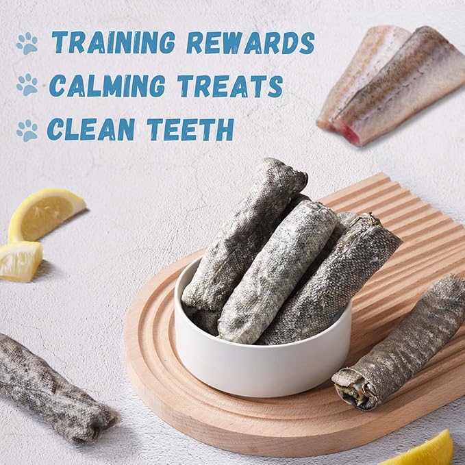 Dog Treats Natural Cod Skin Rolls, Rawhide-Free Chewy Fish Skin Dog Chews for Medium Large Breeds, One-Ingredient Healthy Training Treats Rich in Omega3 & Protein, 10.6 oz
