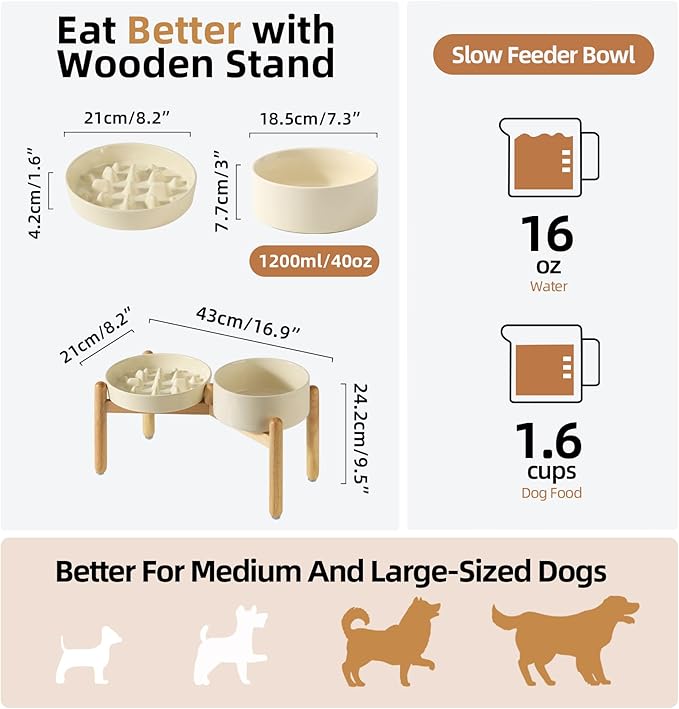 Ceramic Raised Slow Feeder Dog Bowl Set, Elevated 7.3inch Bowl and 8.2inch Slow Pet Food Dish with Wooden Stand for Medium and Large Dog (2 x Beige+ Stand)
