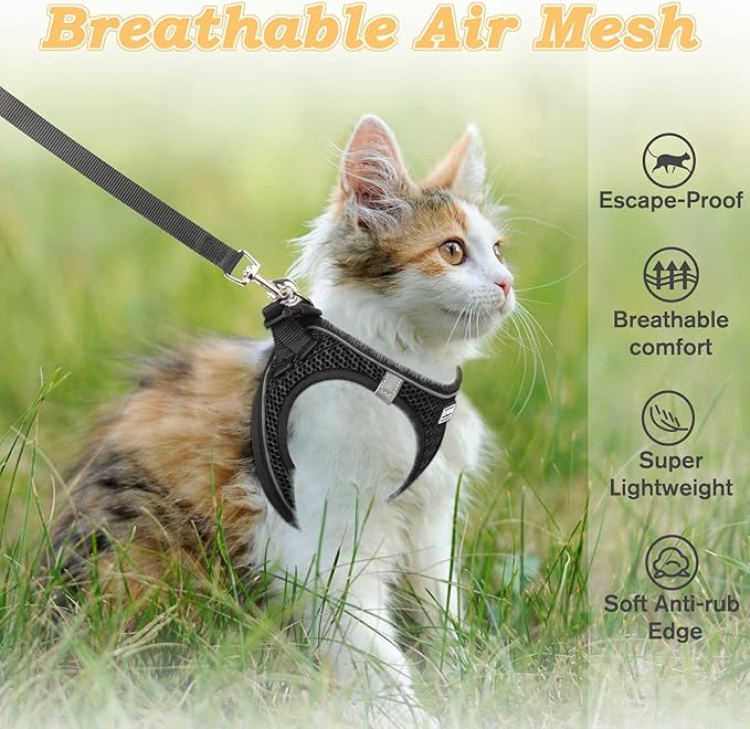 Cat Harness and Leash for Walking Escape Proof, Adjustable Kitten Vest Harness Reflective Soft Mesh Puppy Harness for Outdoor, Comfort Fit, Easy to Control (Black, XS)