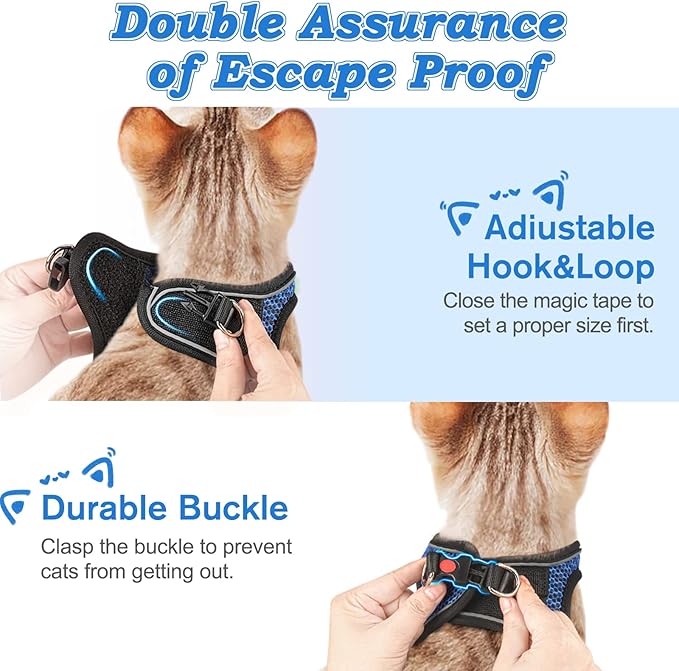 Cat Harness and Leash for Walking Escape Proof, Adjustable Kitten Vest Harness Reflective Soft Mesh Puppy Harness for Outdoor, Comfort Fit, Easy to Control (Blue, L)