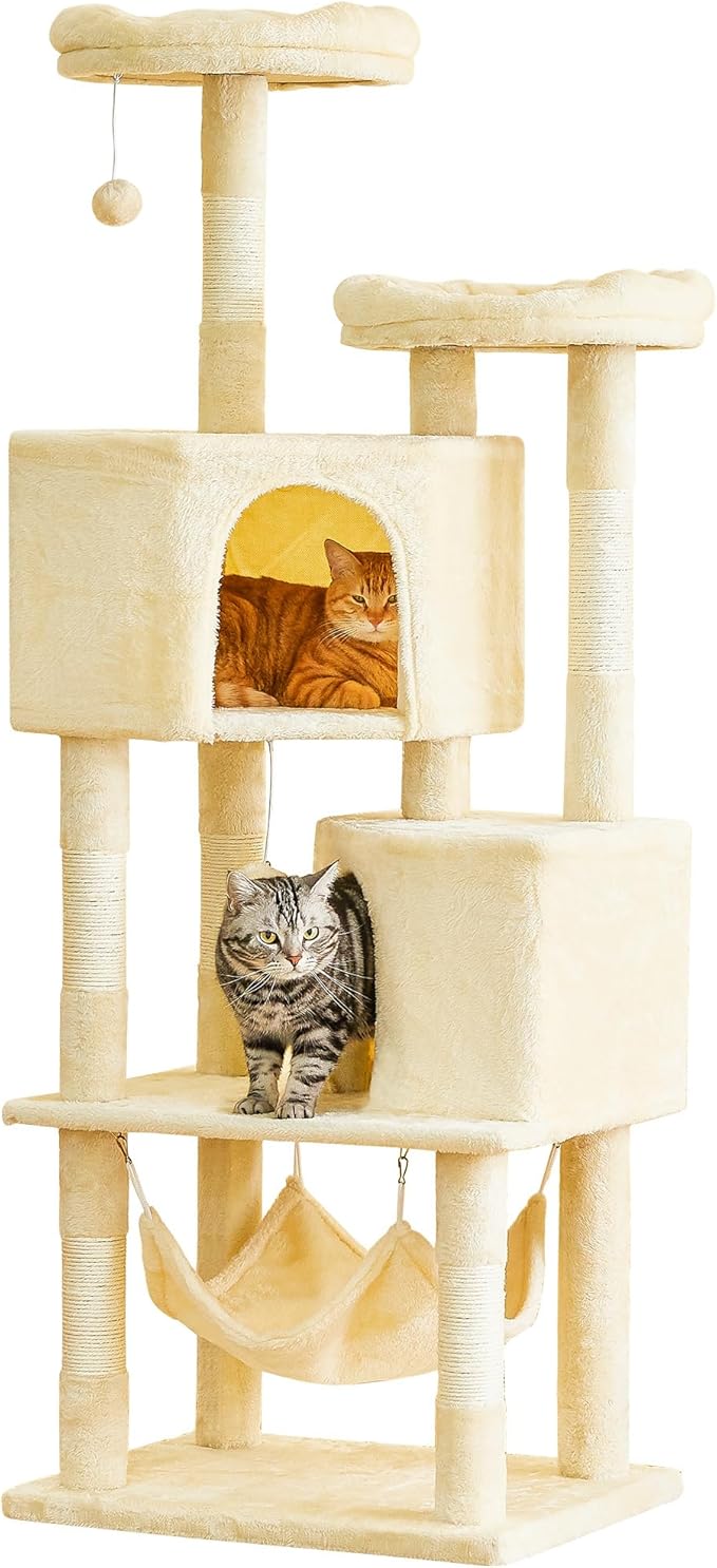 Cat Tree for Indoor Cats - 63in Multi-Level Large Cat Tower with 2 Big Cat Condos, 2 Padded Perches, Hammock, 6 Sisal-Covered Scratching Post and Toys for Kittens Pet Play House, Beige