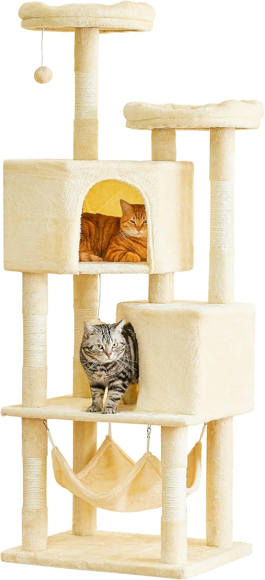 Cat Tree for Indoor Cats - 63in Multi-Level Large Cat Tower with 2 Big Cat Condos, 2 Padded Perches, Hammock, 6 Sisal-Covered Scratching Post and Toys for Kittens Pet Play House, Beige