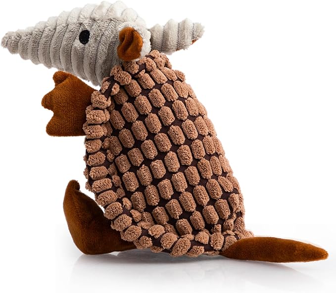 Hollypet Plush Dog Squeaky Toy Stuffed Armadillo Animal Pet Puppy Chew Toys with Clean Teeth for Small Medium Large All Breed Sizes Dogs, Brown, 8 in