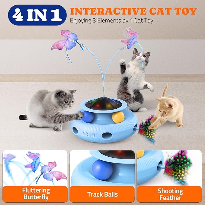 Pawtners Interactive Cat Toy 4 in 1 Automatic Cat Toy for Indoor Cats, Self Play Kitty Toy with Fluttering Butterfly, Track Ball and Feather Pack, Blue