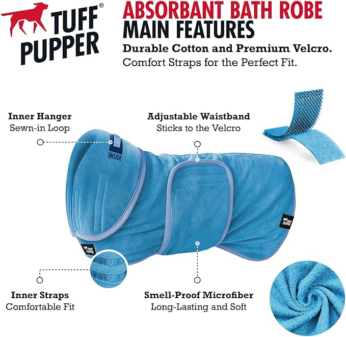 Tuff Pupper Fast Drying Dog Bath Robe | 800 GSM Plush Dog Towel Bathrobe/Dressing Gown | Super Absorbent Pet/Puppy Bathrobe | Adjustable Hood & Belly Strap | Super Soft | Fast Drying (L, Blue)