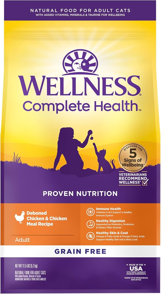 Wellness Complete Health Adult Dry Cat Food for Indoor and Outdoor Cats, Grain Free, Natural, Chicken & Chicken Meal (11.5 Pound Bag)