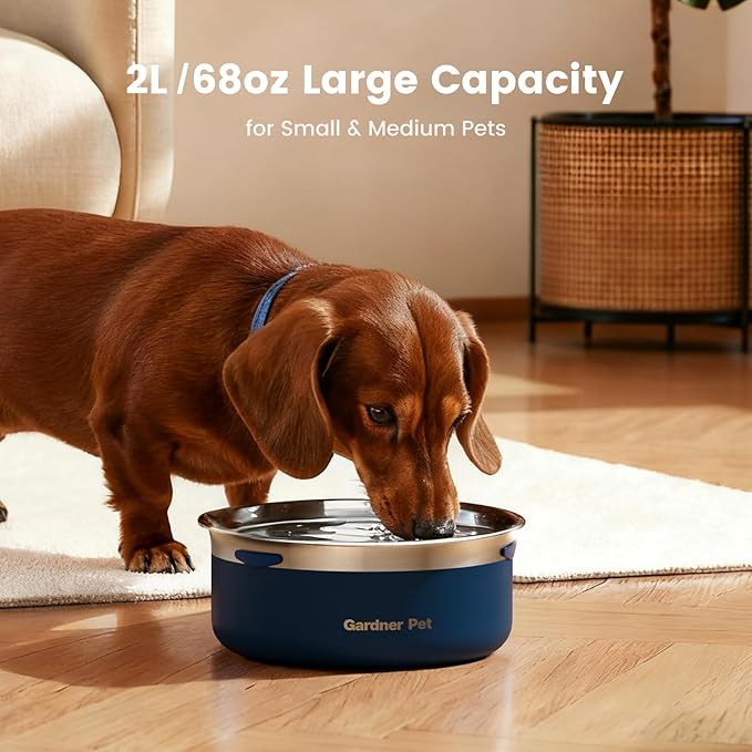 Gardner Pet Slow Water Bowl for Dogs, 2L/68oz Spill-Proof Pet Water Bowl with Floating Disk & Filter Screen, Stainless Steel No-Spill Water Dispenser for Small & Medium Pets