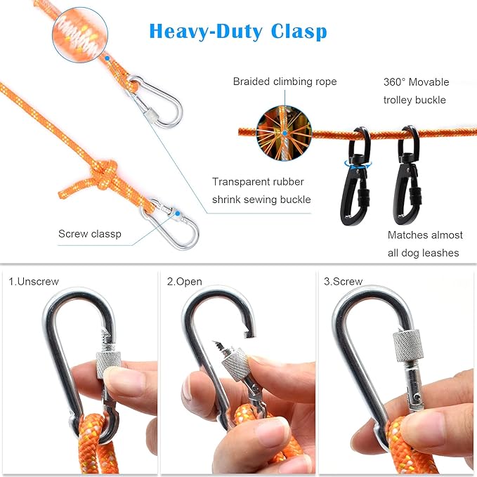 Dog Tie Out Cable for Camping, 100ft Reflective Overhead Trolley System for 2 Dogs, Portable Dog Hitching Lead up to 300lbs, Dogs Runner for Yard Camping Training Running Hiking Outdoor