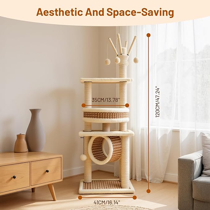 Tall Heavy Duty Rattan Cat Tree Hammock with Scratching Post,Basket,Bed,and Stand Modern Cat Climbing Tower Condo for Indoor Large Adult Cat