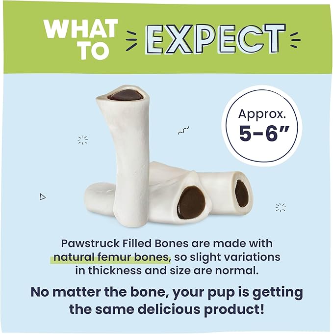 Pawstruck Large 5-6" Filled Dog Bones, Beef Flavor - Made in USA, Long-Lasting Stuffed Femur for Aggressive Chewers, Dental Treat - Pack of 3, Packaging May Vary