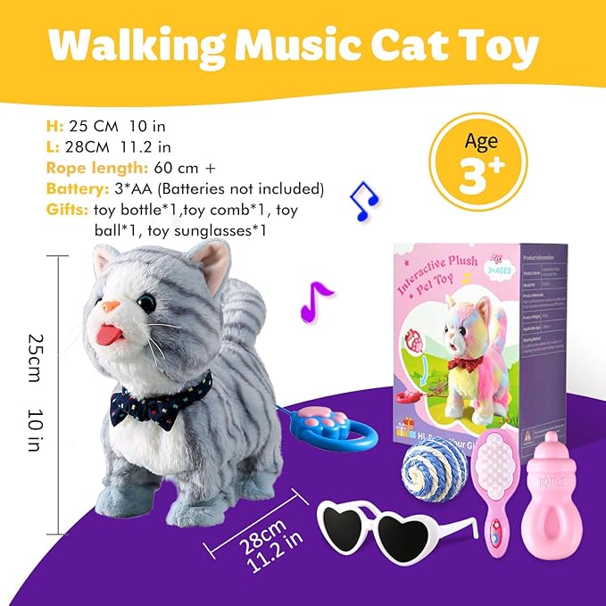 Gray Leash Walking Cat Set Interactive Talking Cat Singing Dancing Kitten Mimicking Repeat What You Say Kitty Touch and Voice Control Nodding Wagging Tail Plush Electric Kitty for Kid Gril