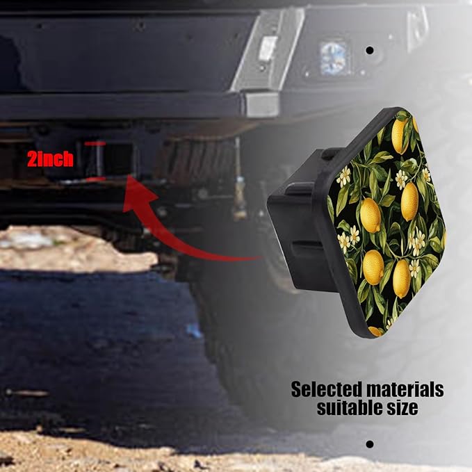 Hitch Cover Fits for 2-Inch Hitch,Lemon, Leaf and Flower Pattern On A Black Background Rubber Trailer Hitch Cover Tube Plug Insert,Car Exterior Accessories, Receiver Tube Hitch Plug