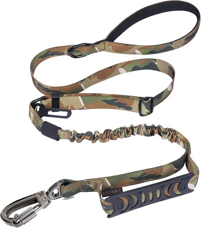 Hotsky Tactical Dog Leash Heavy Duty for Medium Large Dogs That Pull,4-6Ft Strong Bungee Shock Absorbing Military Dog Leash with Padded Double Handle and Car Seatbelt,Camo