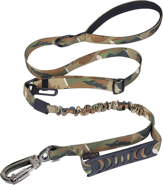 Hotsky Tactical Dog Leash Heavy Duty for Medium Large Dogs That Pull,4-6Ft Strong Bungee Shock Absorbing Military Dog Leash with Padded Double Handle and Car Seatbelt,Camo