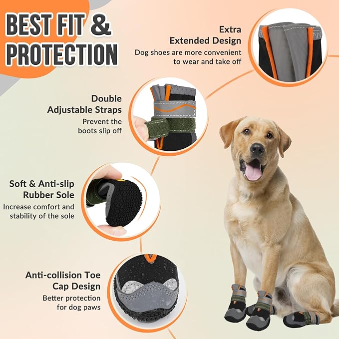 SlowTon Dog Shoes for Large Small Medium Dogs - Waterproof Dog Boots for Summer Hot Pavement, Paw Protector for Outdoor Walking Winter Snow, Anti-Slip Rubber Dog Booties for Hardwood Floor (Black, 3)
