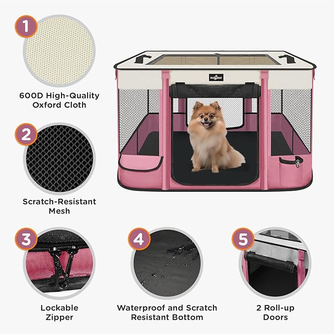 Foldable Pet Kitten Playpen, Upgrade Waterproof Portable Cat Dog Playpen Kennel Tent for Small Dog Cat, Retractable Shade Cover, Come with Free Carrying Case, Indoor Outdoor Use for Small Pet, Pink