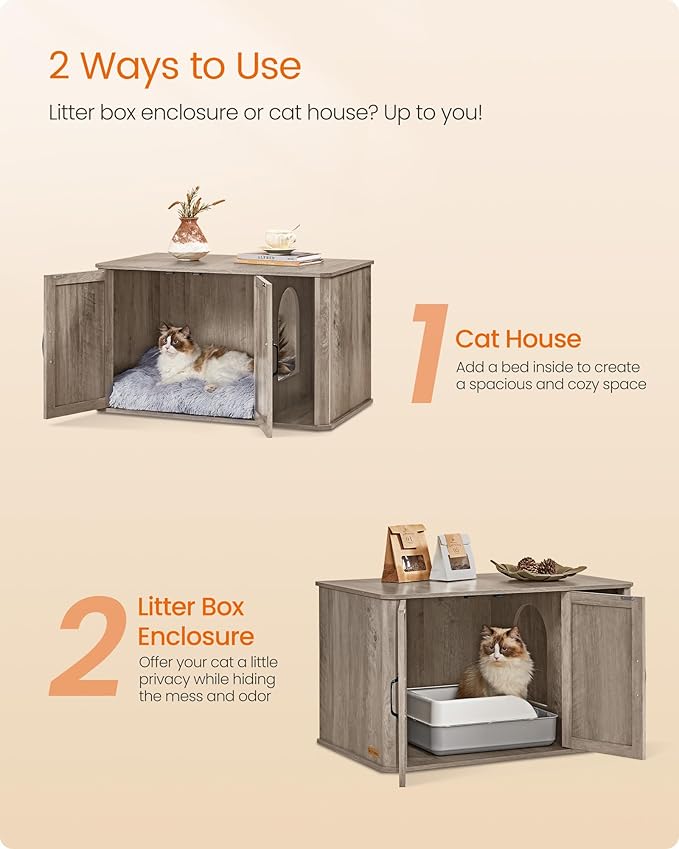 Feandrea Litter Box Enclosure, Modern Cat Litter Box Furniture Hidden, Front Entry, Double Doors, Handles, Cat House, Side End Table, 33.5 x 19 x 19.5 Inches, Heather Greige UPCL012G01