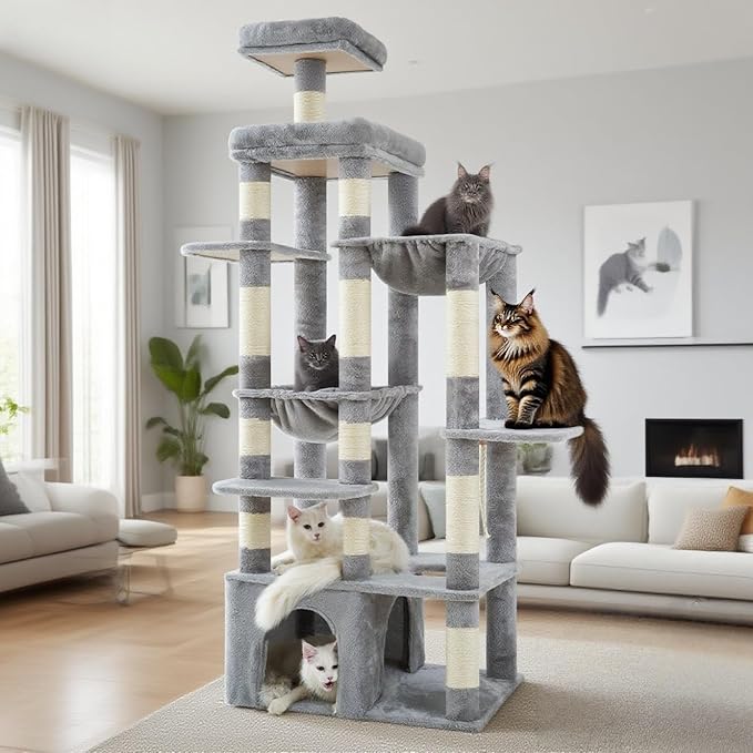 Heybly Cat Tree, 71-Inch Tall Cat Tower for Large Maine Coon Cats with Extra-Large Baseboard, Cat Condo Furniture with Multi-Level Platforms, 2 Hammocks and 12 Scratching Posts, Light Gray HCT037W