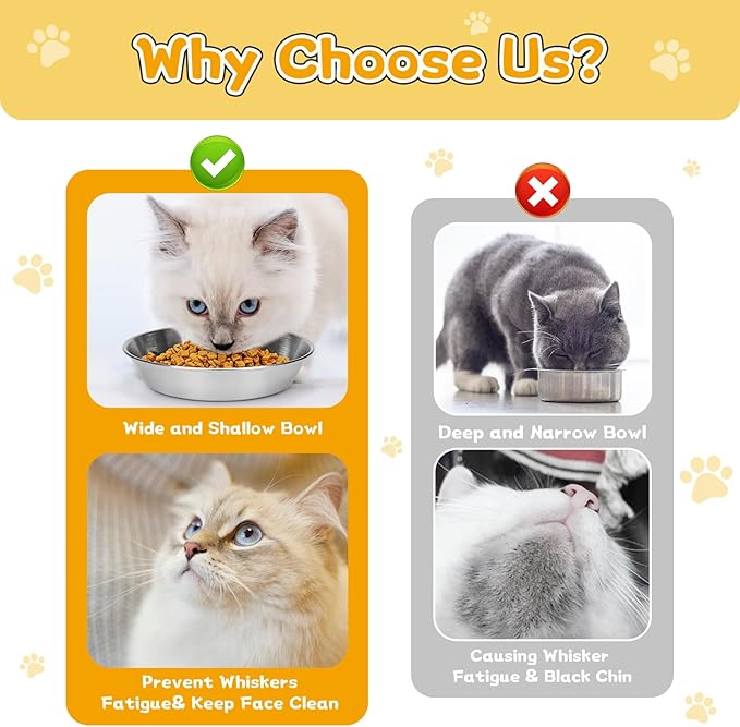 4-Pack Stainless Steel Cat Bowls for Food and Water, Shallow Whisker Friendly Non-Slip Silicone Bottom Dishes, Easy to Clean Indoor Feeding Kitten Metal Plate (5.9")