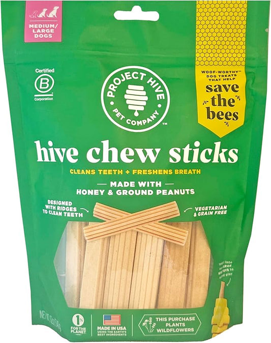 PROJECT HIVE ·PET COMPANY· Dental Chew Stick Treats for Large Dogs 12 oz. Ñ Healthy, Natural Peanut Butter Flavored, Natural, Vegetarian Chews, Made in The USA (Chew Sticks, Large Breeds)
