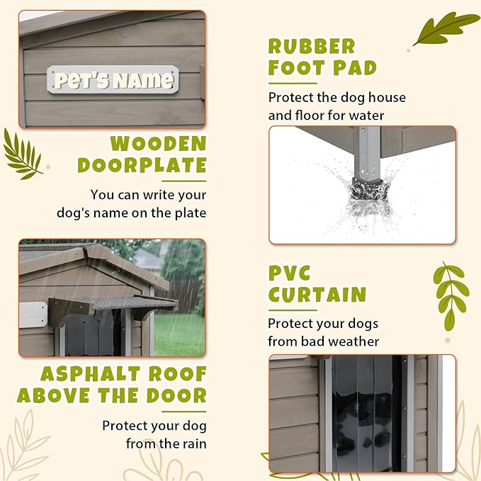 PetsCosset 40.2" L Large Dog House Outdoor & Indoor,Fir Wood Dog Kennel with Weatherproof Openable Asphalt Roof,Spacious Doghouse with Anti-Chewing Metal Edges for Small & Medium & Large Dogs,Grey