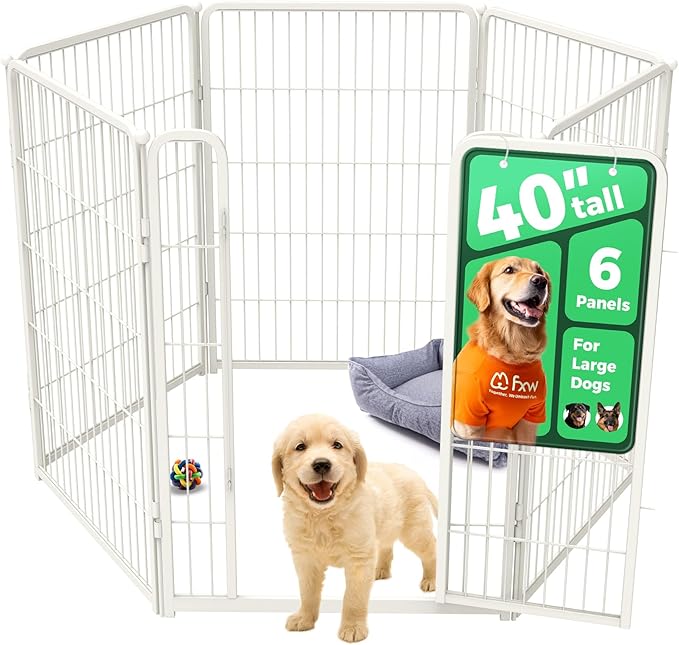 FXW Homeplus Unleashed Indoor Dog Playpen - Stress-Free and Safe Play, Heavy Duty 40 Inch 6 Panels Dog Pen for Medium and Large Dogs, White│Patented