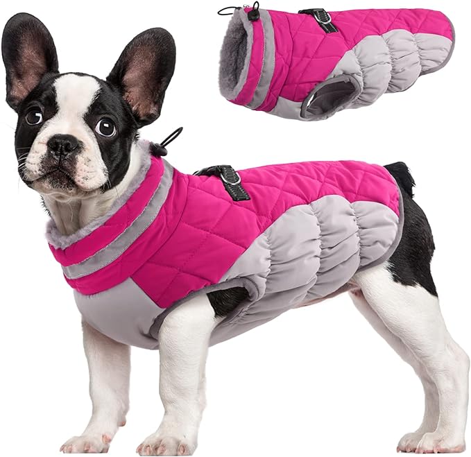 FUAMEY Dog Coat, Medium, Pink, Faux Fur - Waterproof, Windproof, Reflective Cold Weather Coat with Built-in Harness, Fits Dogs 11 lbs and Up