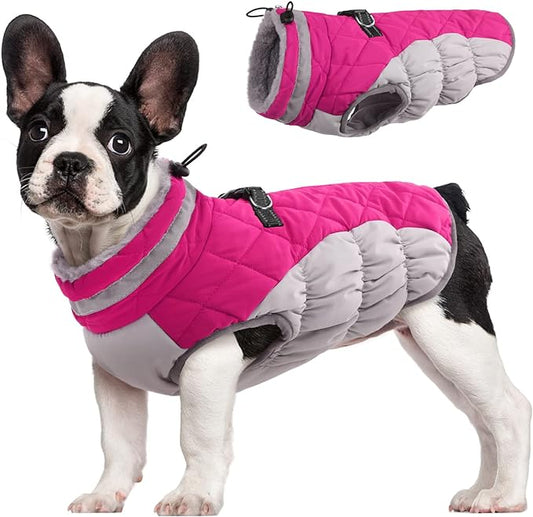 FUAMEY Dog Coat, Medium, Pink, Faux Fur - Waterproof, Windproof, Reflective Cold Weather Coat with Built-in Harness, Fits Dogs 11 lbs and Up